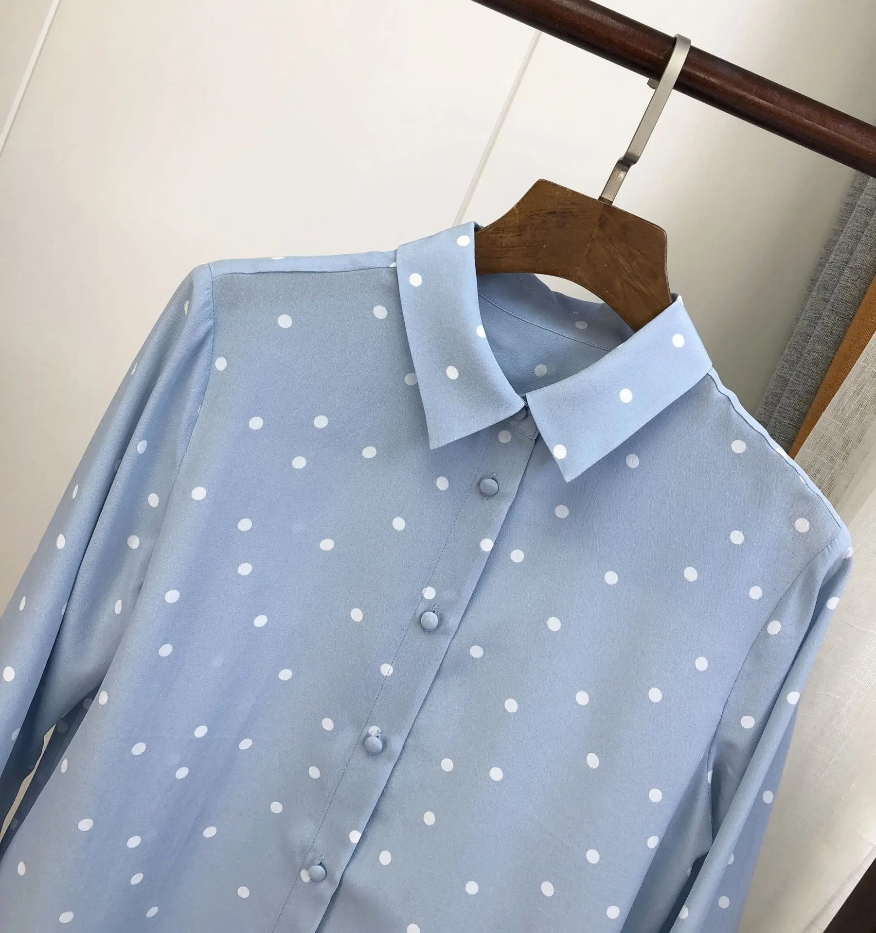 Polk Dot Print Женские рубашки из натурального шелка с длинным рукавом однобортные Элегантные Роскошные повседневные топы и блузки женская одежда
