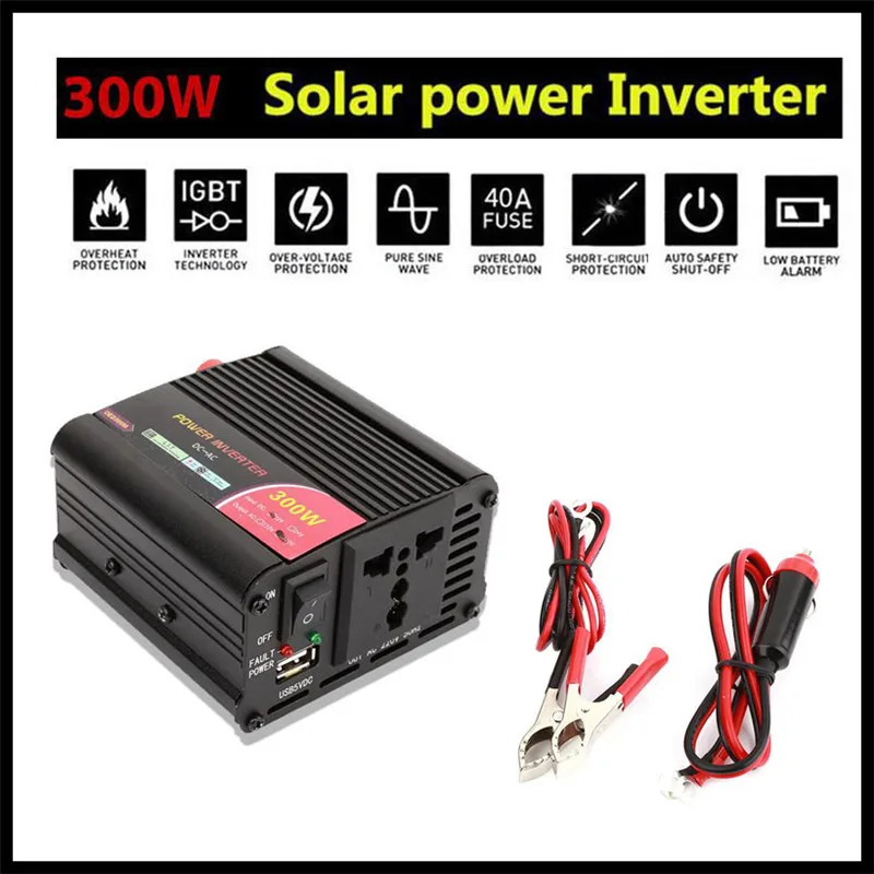 Car Inverter 12v To 220v 300w Solar Dual Converter Power Charger Adapter Gift Car Battery Clip Alligator Clip