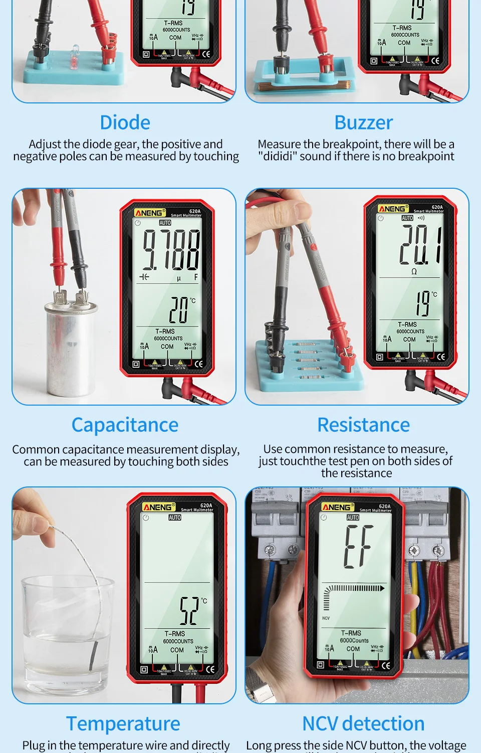 ANENG 620A Digital Smart Multimeter Transistor Testers 6000 Counts True RMS Auto Electrical Capacitance Meter Temp Resistance