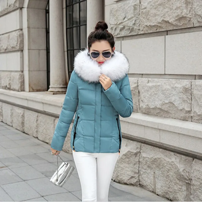 Blue-white Качественная зимняя куртка женские парки для пальто Модные женские пуховики с капюшоном с большим воротником из искусственного меха осеннее теплое пальто - Цвет: Blue-white
