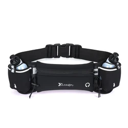 Unisex Marathon Trail Running Waist Pack with Dual Pockets for Phone and Water Bottle (Black with 2 bottle)