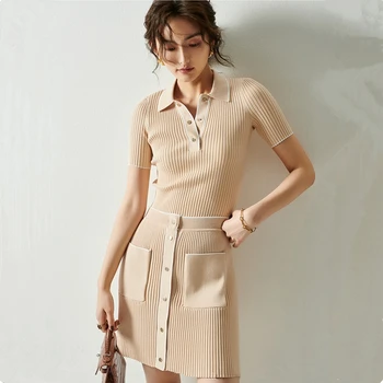 

Runway Buttons Two-pieces Women Top Suit Slim Fit Femme High Waist Pockets Mini Skirt Knitted Sets Fashion Office Ladies Suits