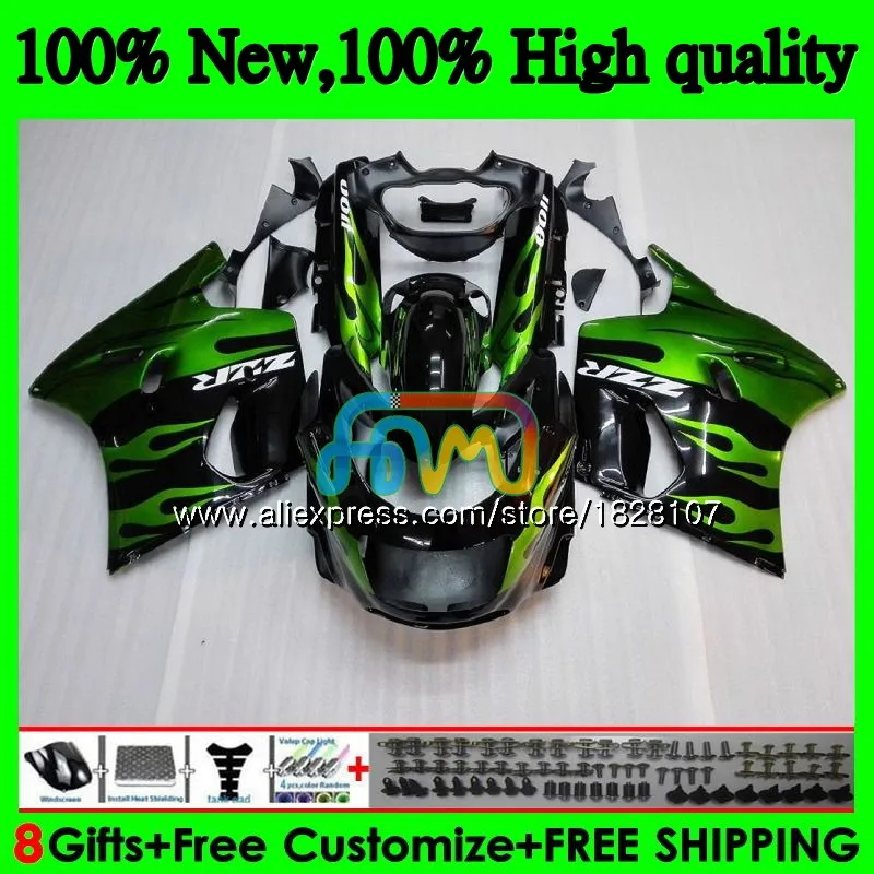 Корпус для KAWASAKI ZX-11R ZZR 1100ZZR1100 ZX11 R ZZR-1100 7BS. 11 ZX-11 ZX 11R ZX11R зеленый пламя 90 91 92 1990 1991 1992 обтекатель