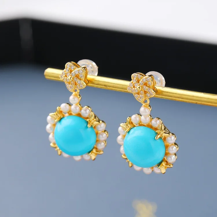 

CMajor S925 Sterling Silver Round Pearls Around Temperament High-end Sweet and Romantic Turquoise Stud Earrings for Women