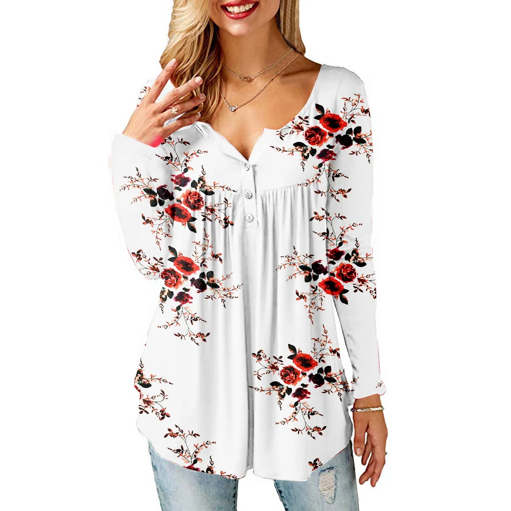 

Floral Print Tops And Blouse Autumn Winter Women Flower Printed Shirts Lady Pleated Baggy Ruffle Henley Neck Camisa De Mujer D35