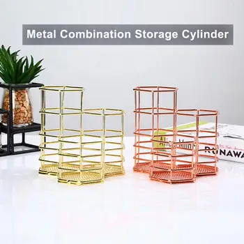 

Hexagonal Desktop Pen Holder Iron Makeup Brush Storage Holder Box Stationery Holder Desktop Organizer Pen Pencil Container