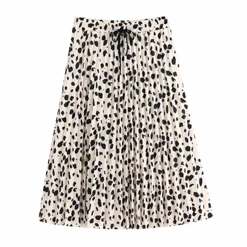 

Spring 2020 New Retro High Waist fashion leopard print slim drawstring pleated long skirt