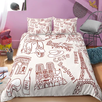 

Paris Symbols Duvet Cover Set Buildings Sketch Vintage Bedding Double Queen Home Couple Bed Set Pillowcase Microfiber Bed Cover