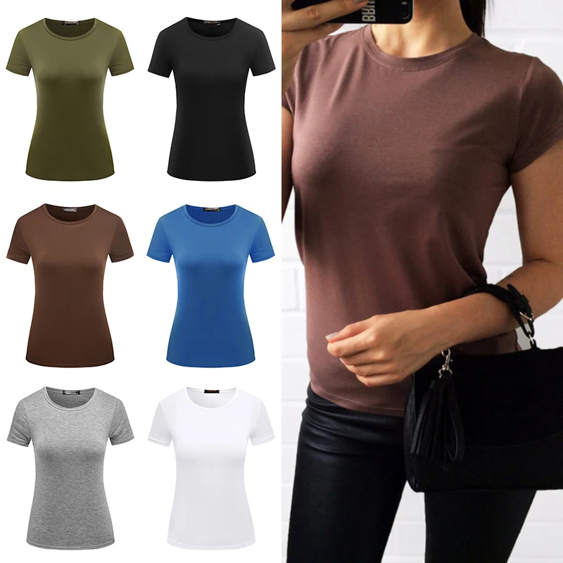 

High Quality Female Popular Solid T Shirt 6 Color Basic Casual Tops 1PC Elastic Women Hot Sale Short Sleeve S-XXL Plain