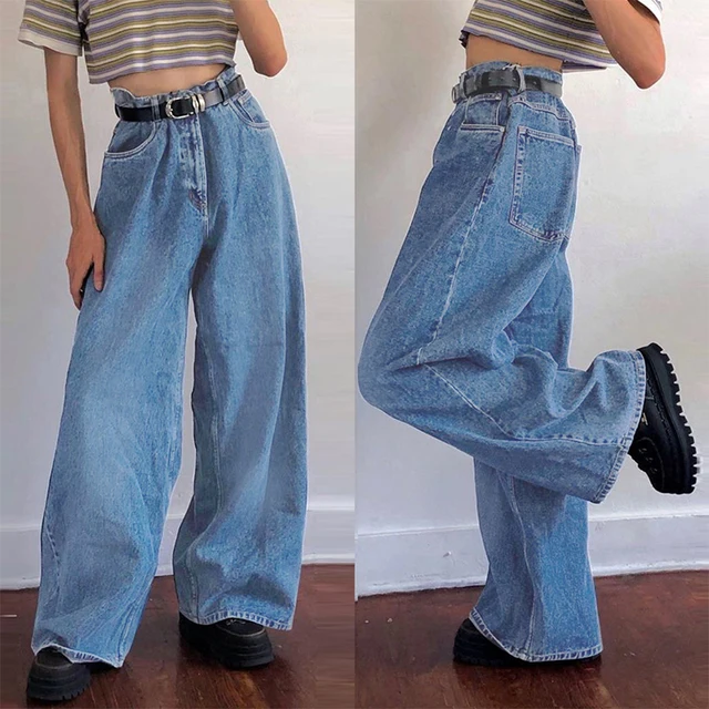 Korean Style Women Jeans Denim Boot Cut Wide Leg Jean Boots Fashion Loose Long Length Streetwear Female Pants Casual Solid Pants 2