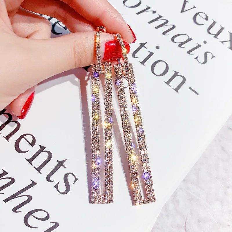 

FYUAN Fashion Long Geometric Drop Earrings for Women Luxury Gold Silver Color Rectangle Rhinestone Earrings Party Jewelry Gifts