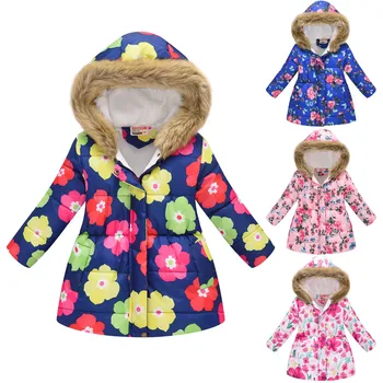 

Children's Windproof Down Coat Girl Winter Cotton Thick Jacket Kids Outerwear Flower Parka Hooded Jackets Baby Girls Clothing