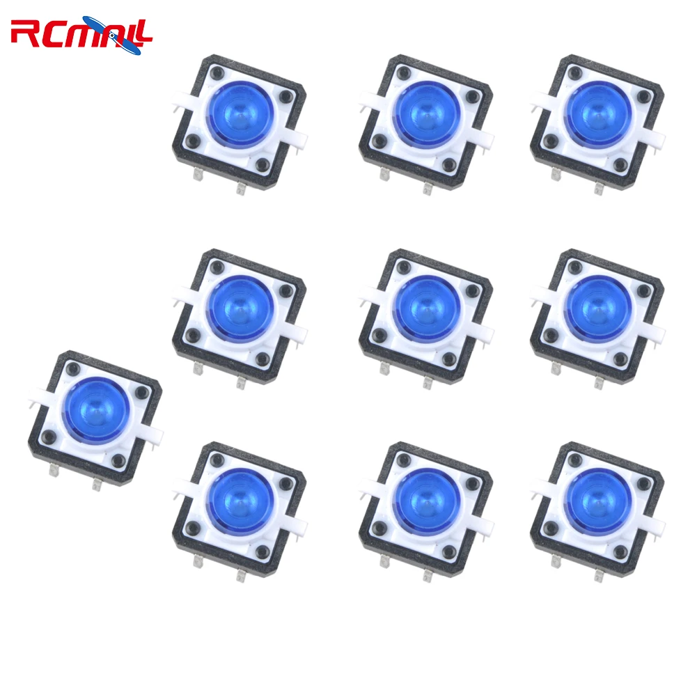 RCmall 10Pcs Tactile Push Button Switch 12*12 4P with LED Blue Micro key power tactile switches 250pcs lot 6x 6mm 12x12mm tactile button switch micro instant touch classification kit diy electronic set