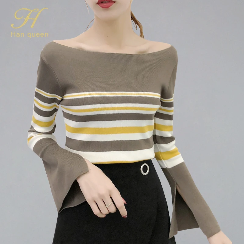 

H Han Queen Korean Stripe Womens Sweaters New Autumn Tops Pullover Jumper Knitted Sweater High Elasticity Soft Female Pullovers