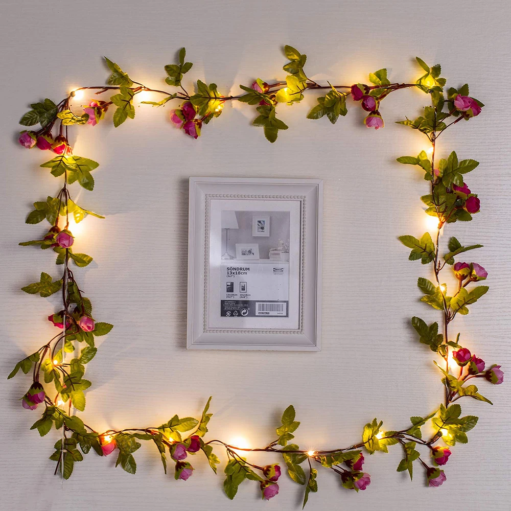 

2M/5M/10M Artificial Rose Flowers Leaves Vine string Lights Battery Powered Hanging Copper Wire Garland for Christmas Wedding