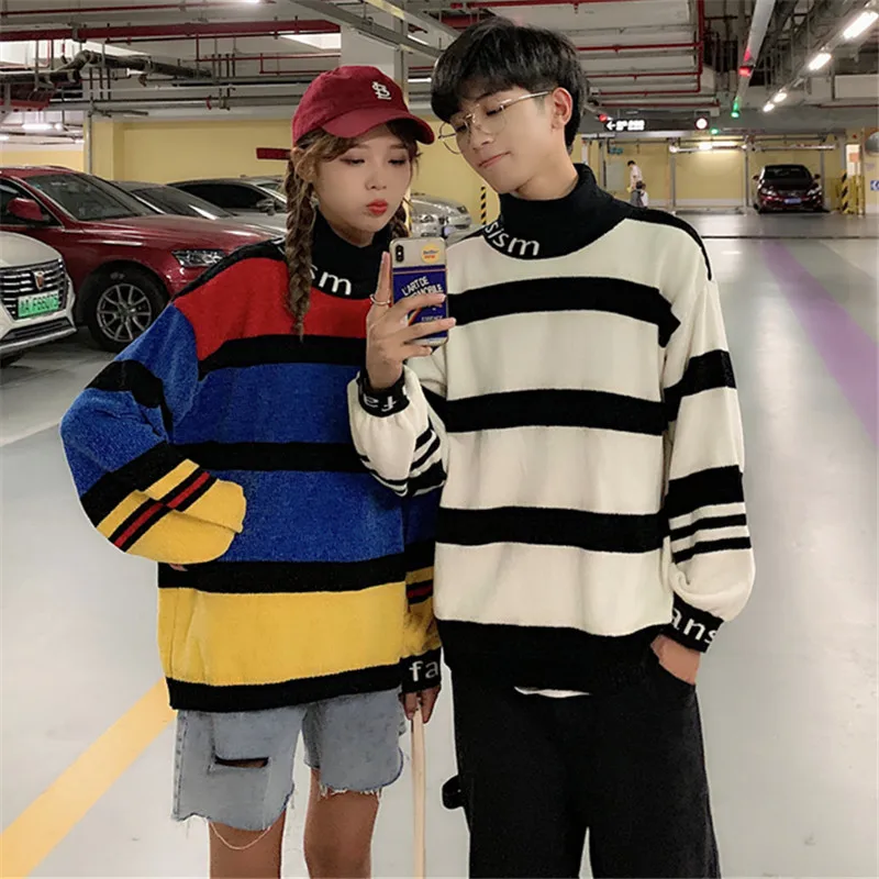 #Special Offers 2019 Autumn New Korean Men's Street Fashion Main Push Style Tide Brand Loose High Collar Striped Couple Casual Pullover Sweater