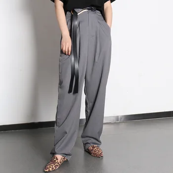 

2020 Spring Elegant Trousers Ladies Office High Waist Pants Belted Casual Loose Women Full Length Pants Female OL Khaki Grey