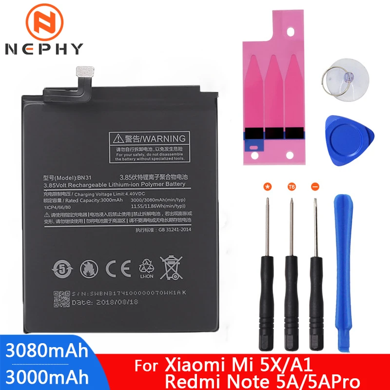 

Original BN31 Battery For Xiaomi Mi 5X A1 Mi5X MiA1 Hongmi Redmi Note 5A Prime Pro S2 Y1 Lite Mobile Phone Replace Bateria Tools