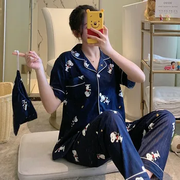 

2020 Summer Autumn Print Short Sleeve Long Pants Pajama Sets For Women Sleepwear Suit Pyjamas Homewear Pijama Mujer Home Clothes