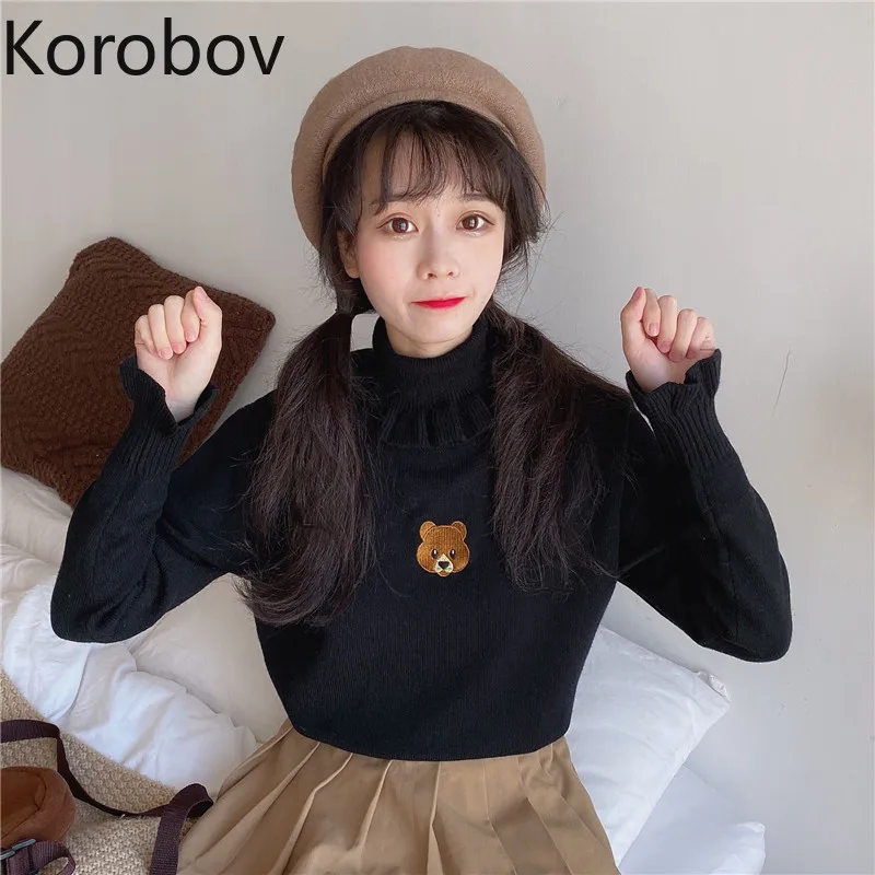 Korobov японский стиль милый мультяшный женский свитер Kawaii с оборками водолазка