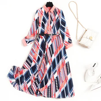 

European 2020 Spring Fashion Turn Collar Geometric Printed Contrast Color Long Sleeves Belt Plus Size Chiffon Dress Women