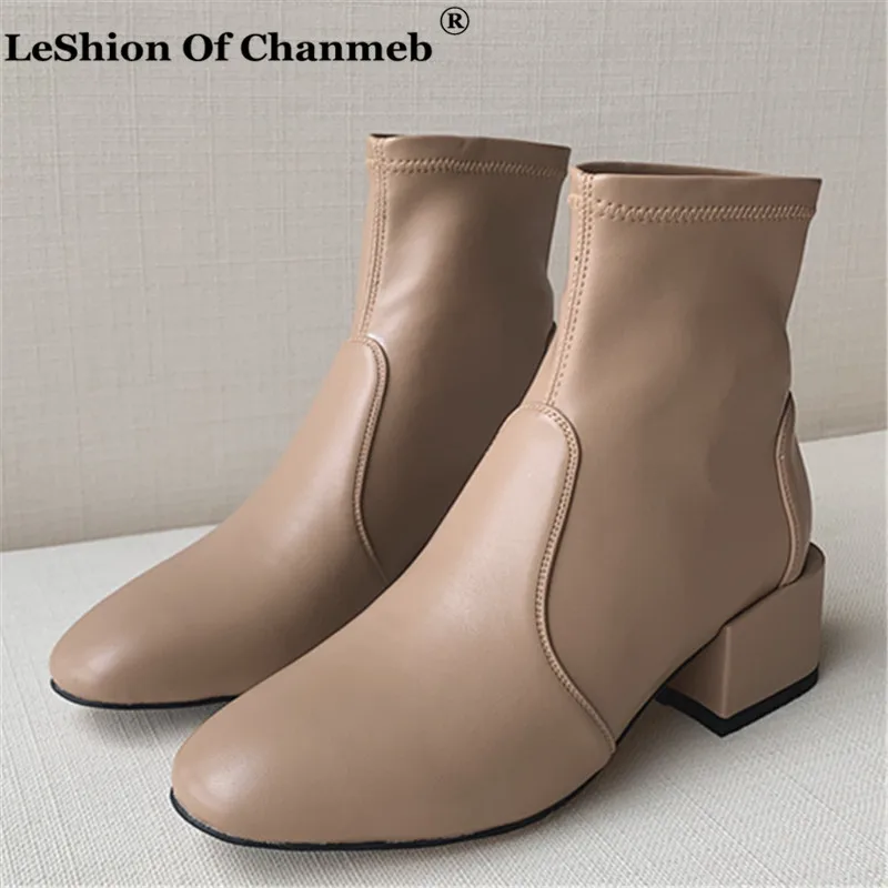 

2020 New Hot Sale High Quality Stretch Microfiber Leather Ankle Boots for Women Block Heels Slip ons Autumn Shoes Ladies Booties