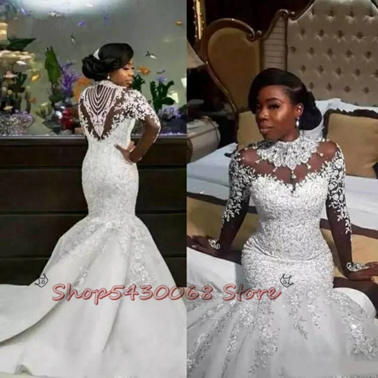 Luxury Crystals African Mermaid Wedding Dresses 2020 Zipper Back Long Sleeve Heave Beaded Bride Dress Vestido De Noiva