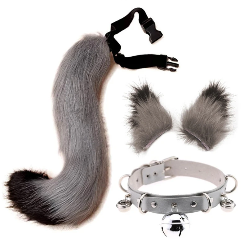 Faux Fur Kitten Wolf Long Tail Ears Hair Clips and Faux Leather Neck Collar Choker Set Halloween Party Cosplay Costume sexy nun costume