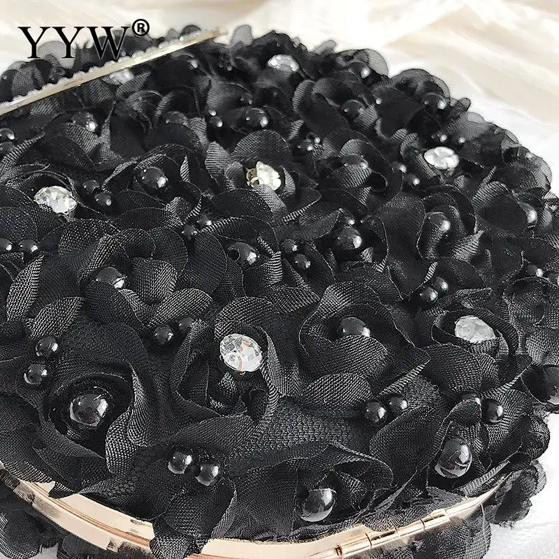 Black Floral Round Clutch Bag Female Elegant Evening Round Circle Ring Handbags Rhinestone Wedding Pouch Party Cocktail Clutches