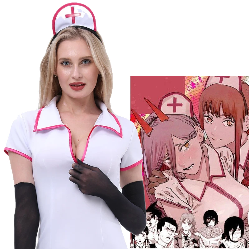 Anime Chainsaw Man Makima Cosplay Power Costume Sexy Nurse Uniform Wig Full Set Gloves Stockings