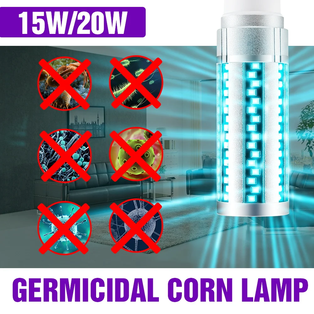 

220V Disinfection UV Lamp E27 Sterilization Ozone Lamp 15W 20W UVC LED Ultraviolet Corn Bulb 110V Germicidal Light Amuchina