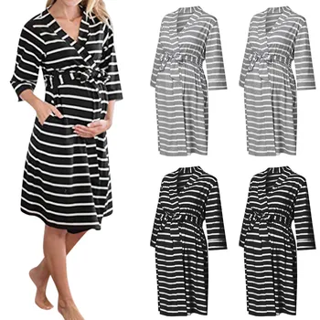 

Autumn Maternity Dresses Women 3/4 Sleeve Striped Bandage Nursing Nightdress Breastfeeding Dress Ropa Premama Dress Pregnant