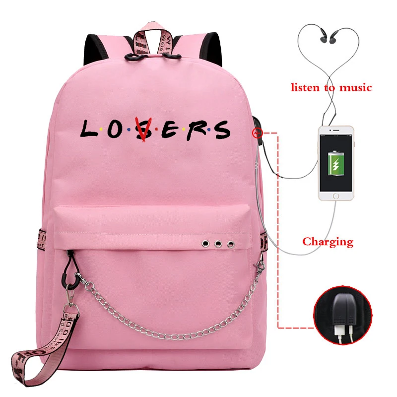 

Lovers Shoulder School Backpack Personality Letters Print Travel Bags Girl Candy Color USB Charging Students Shoulders Backpack