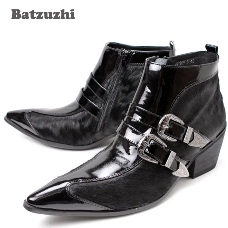 

Big size Western Man's Ankle Boots Iron Pointed Toe Handsome Short Boots Black Italian Style Men Boots Winter, EU38-46