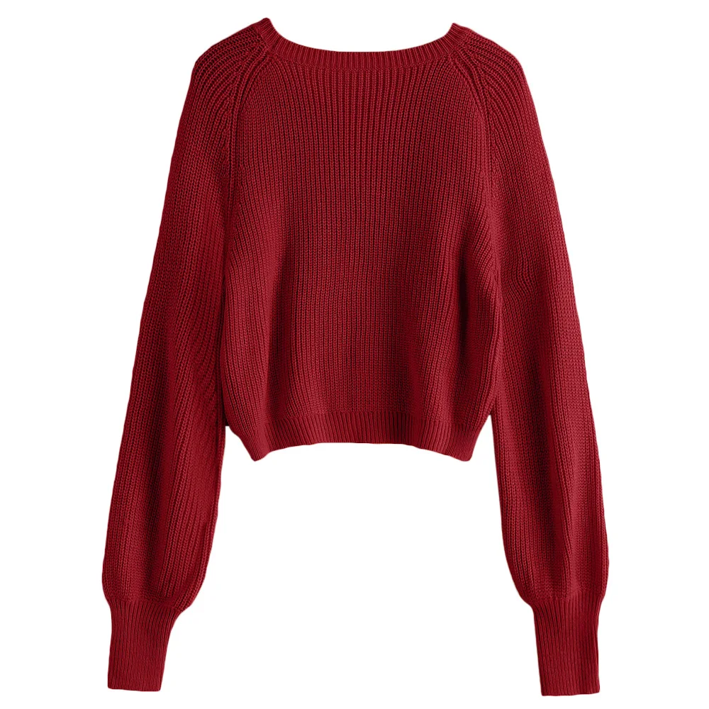 ZAFUL Crew Neck Raglan Sleeve Pullover Sweater Small round neck Elastic Solid Short style pullover long sleeve warm Women weater