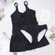 Танкини купальный костюм Женская одежда для плавания юбка размера плюс купальные шорты с принтом винтажный купальный костюм в черный горошек большой размер Пляжная одежда
