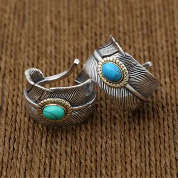 

Silver 925 Feather Ring Men Women With Blue/Green Teurquoise Stone 100% Real Sterling silver 925 Material Handmade Craft Jewelry
