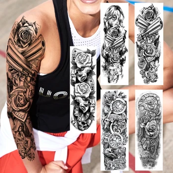 

For Women Men Body Art Temporary Tattoos Full Arm Realistic Fake Black Rose Gun Gangster Mask Sleeve Waterproof Tattoos Sticker