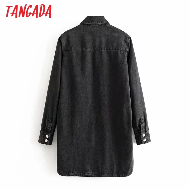 Tangada модное женское черное джинсовое платье с отложным воротником и длинным рукавом, женское свободное платье-рубашка с карманом, vestidos 6P16
