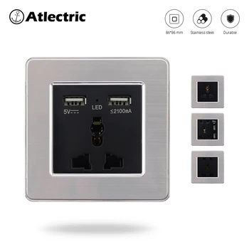 

Atlectric Multi-Function Universal Power Socket Dual USB Port Charging Socket Stainless Steel Panel Wall Outlet Adapter