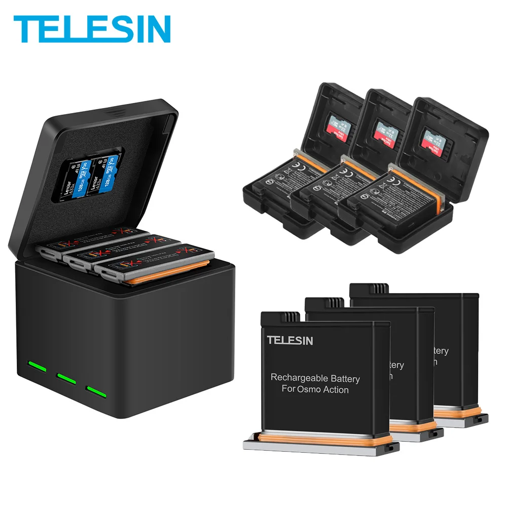 

TELESIN 3 Pack Battery + 3 Slots Battery Storage Charger TF Card Storage Box for DJI Osmo Action Camera Accessories
