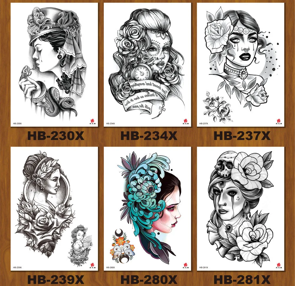 Fake Black Tattoo Ancient Beauty Women Guan Yu Tearing Girl Design Water Transfer Temporary Tattoo Sticker Body Arm Back Leg Men (5)
