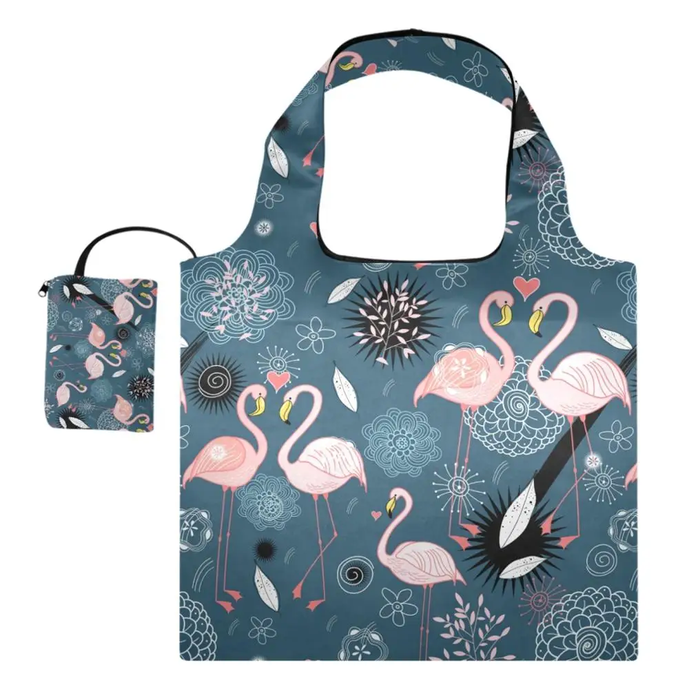 

New Flamingo Floral Hot Environmental Reusable Portable Handbag Polyester Foldable Shopping Bag Tote Folding Pouch Handbags