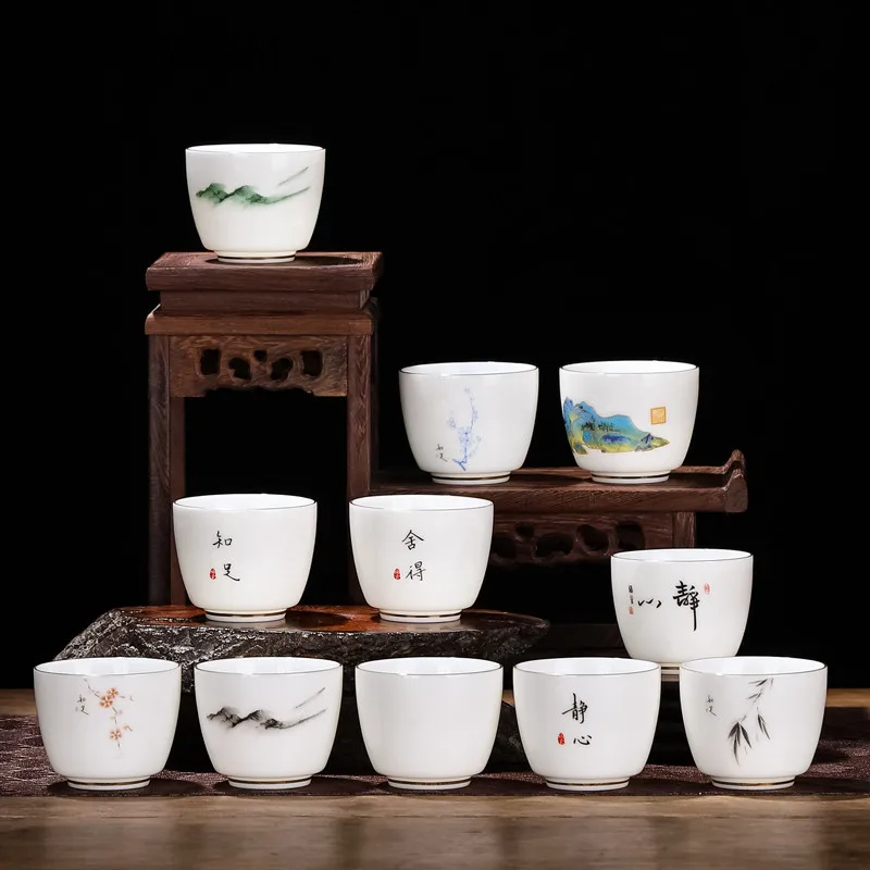 Chinese Suet Jade White Porcelain Teacup Exquisite Ceramic Coffee Cup Hand Painted Tea Bowl Household Tea Set Master Cup 70ml