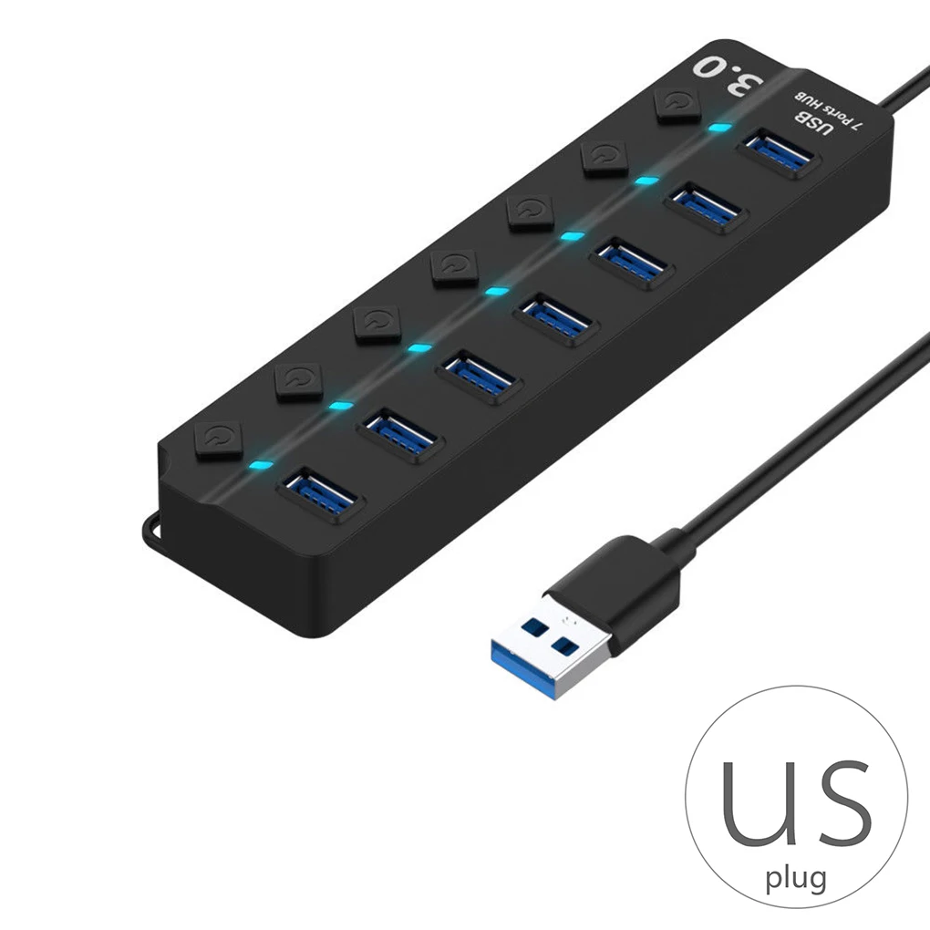 Usb-хаб 3,0 высокоскоростной 7 порт USB 3,0 концентратор разветвитель вкл/выкл с ЕС/США/Великобритания адаптер питания для портативных ПК - Цвет: US plug