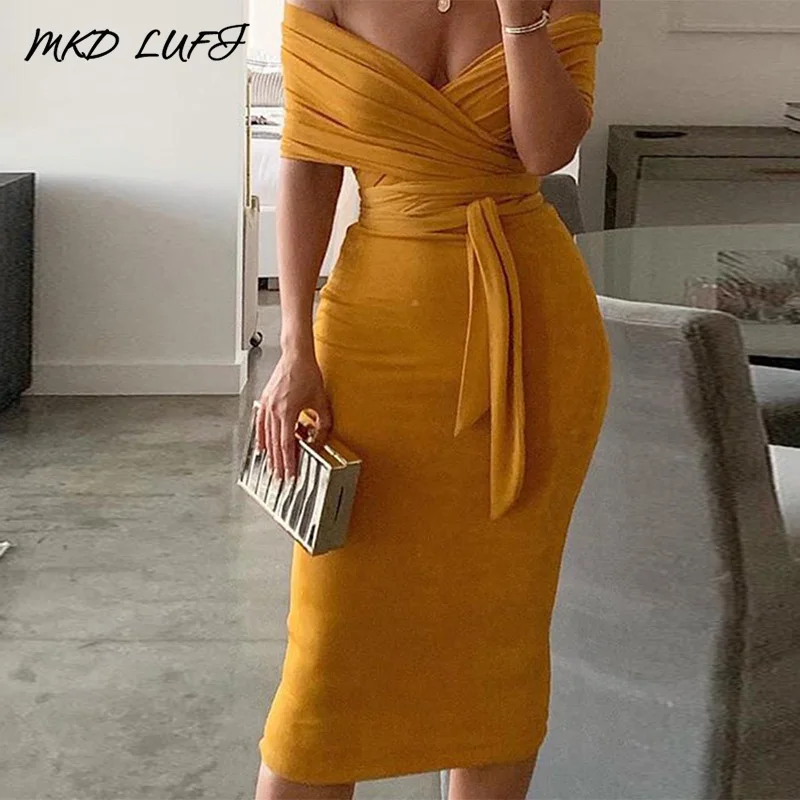 Sexy Off Shoulder Wrap Bodycon Dress Women Tied Waist Midi Dress Ladies Solid Party Club Dresses