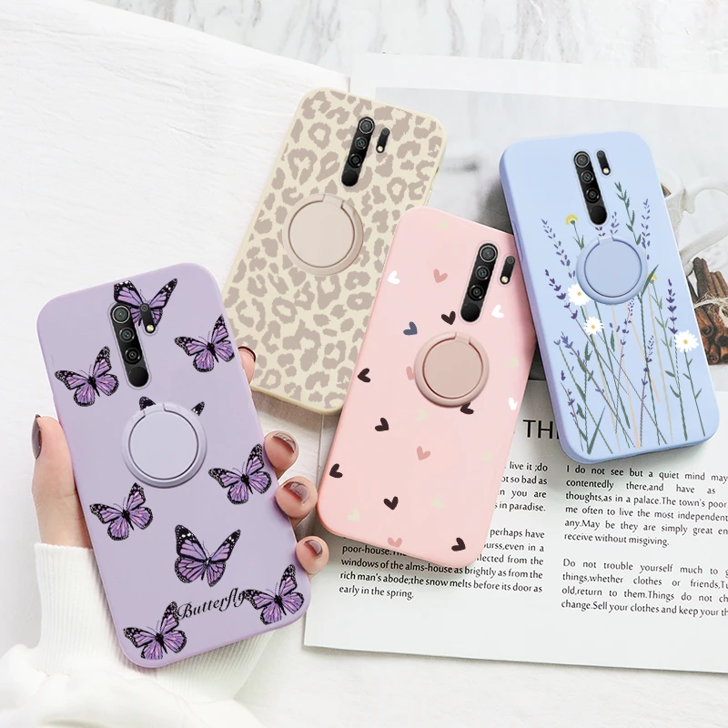 cellphone pouch For Redmi 9 Case Flower Magnetic Ring Holder Soft Silicone Phone Cover For Xiaomi Redmi 9 Redmi9 Protective Back Cover Bumper phone pouches