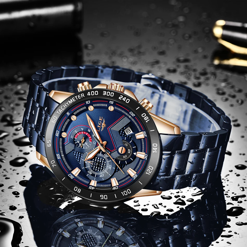 LIGE мужские часы новые синие модные бизнес часы лучший бренд класса люкс все стальные водонепроницаемые кварцевые золотые часы Relogio Masculino