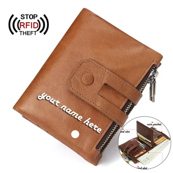 

Free Engraving Wallet Men Genuine Leather Purse Small Card Holder FRID Blocking Multi-function Wallets with Zipper Coin Pocket