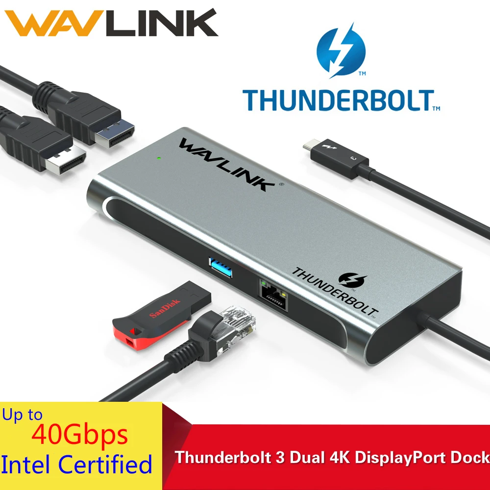 Док станция Wavlink Thunderbolt 3 USB C Dual 4K @ 60Hz DisplayPort с 0 Gigabit Ethernet для ноутбука Macbook